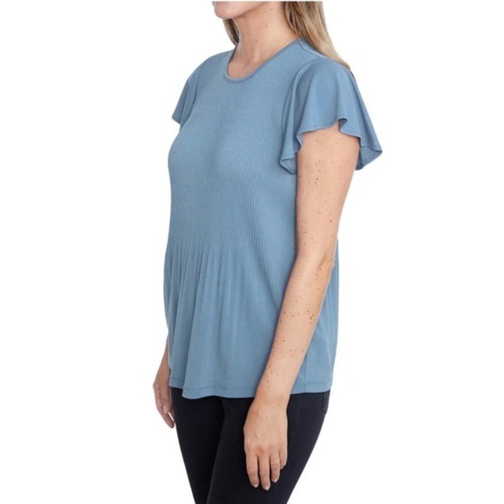 NWT Philosophy Women's Flutter Sleeve Pleated Ribbed Knit Top Blue Medium